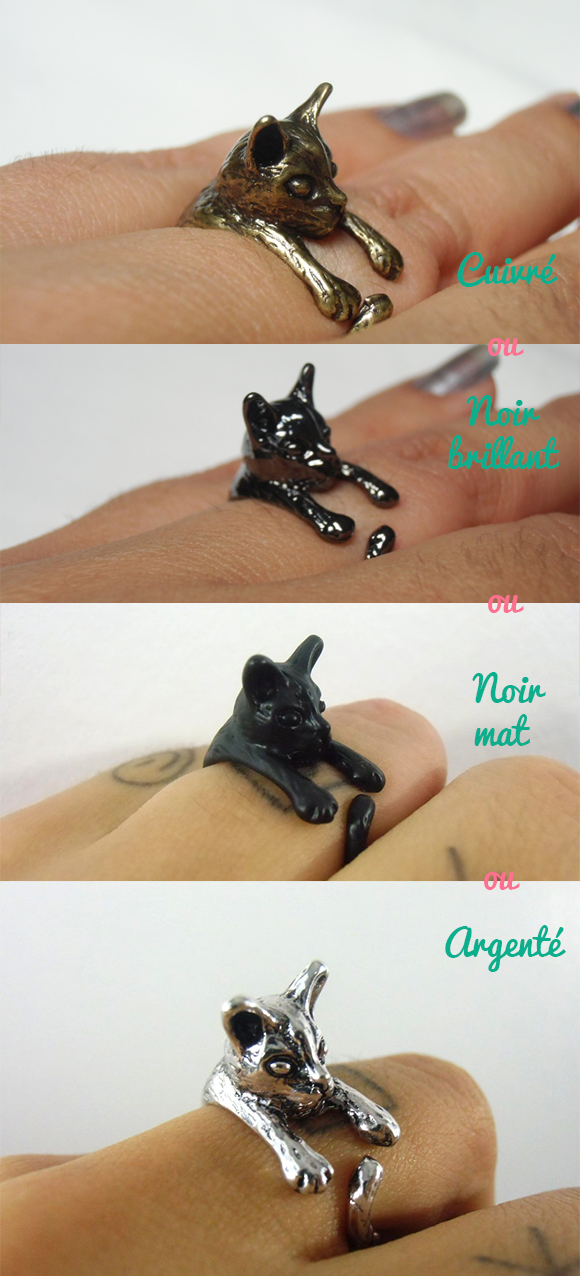 Bague chat pattes autour du doigt noir ou cuivré