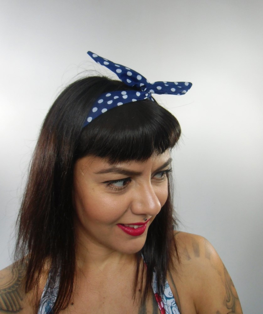 Bandeau cheveux rigide modulable bleu et blanc à pois