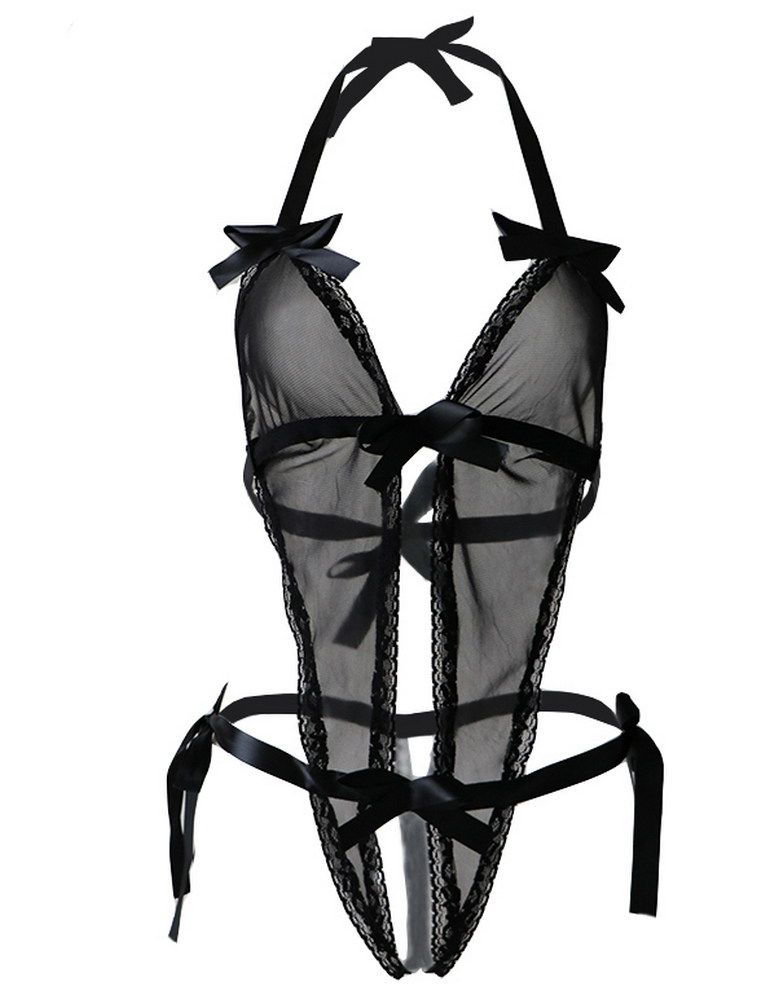 Body minimaliste transparent noir ouvert à l'entrejambes