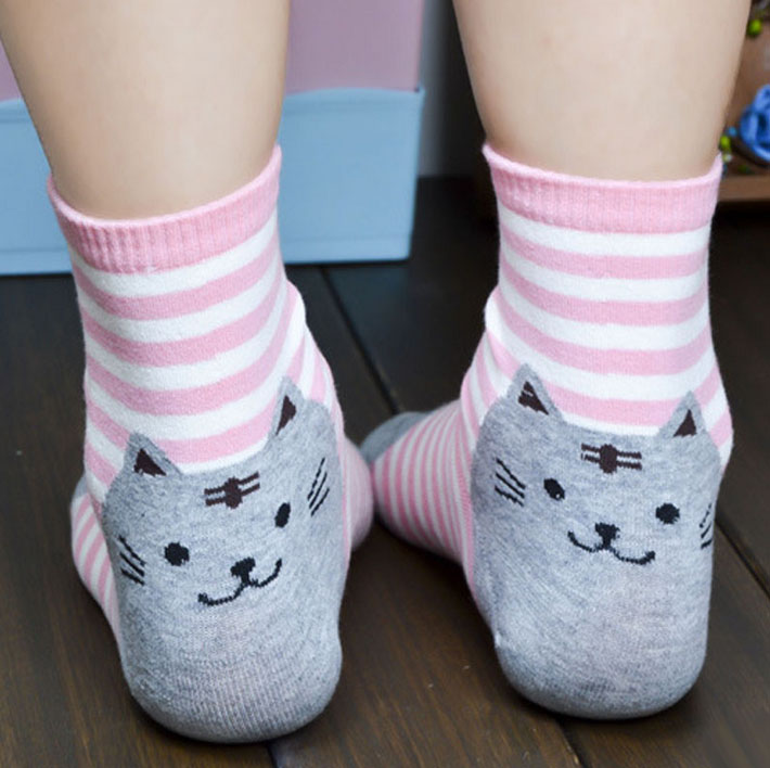 Chaussettes chats originales rayures roses et blanches