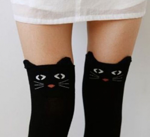 Chaussettes hautes noires animal tête de chat