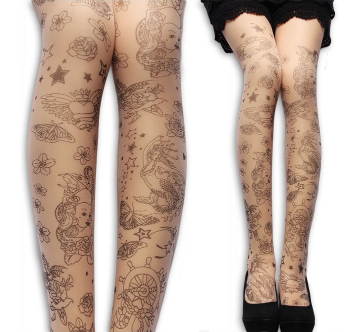 Collants chair en voile effet tatouages sirènes