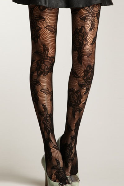 Collants résilles noirs motifs roses sexy rock