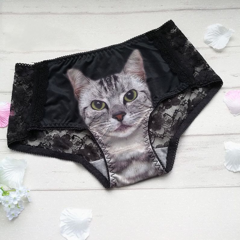 Culotte noire chat gris arrière dentelle