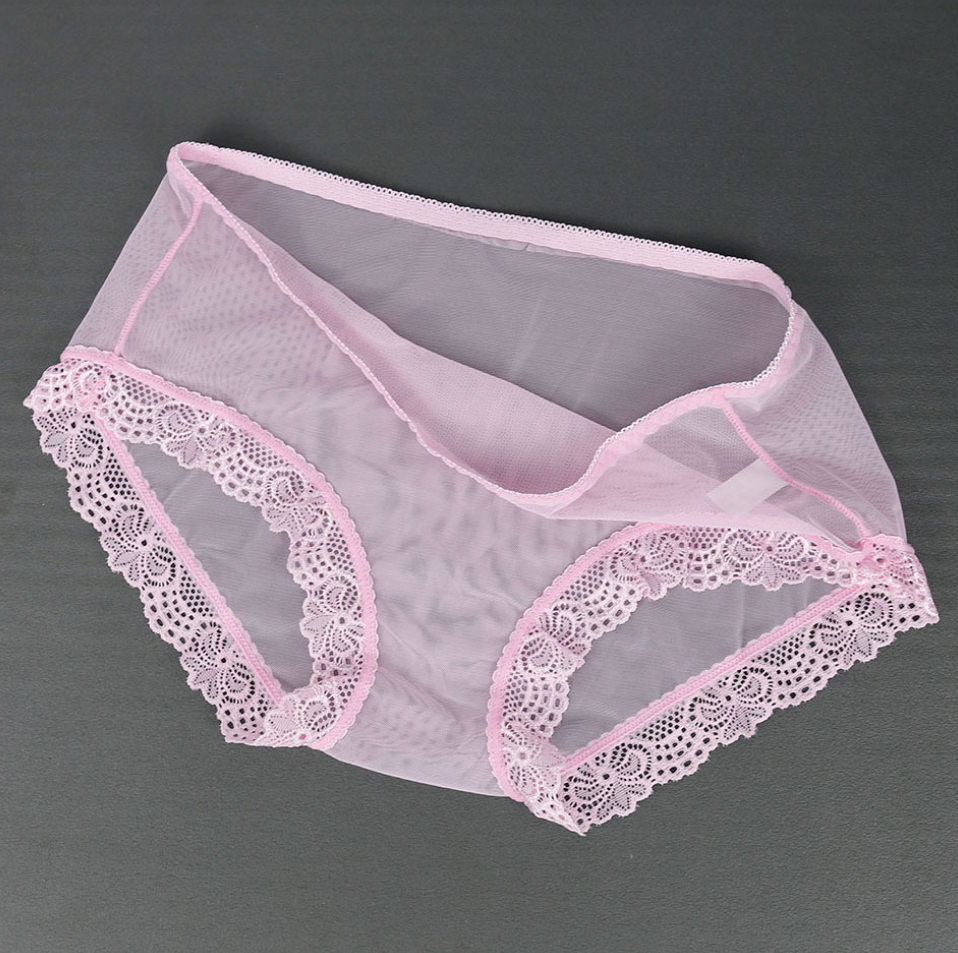 Culotte transparente en mesh rose finition dentelle 