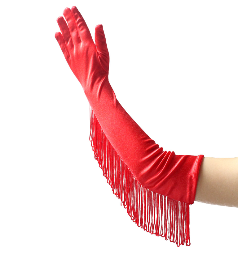 Gants rouges longs satinés cabaret à franges burlesques