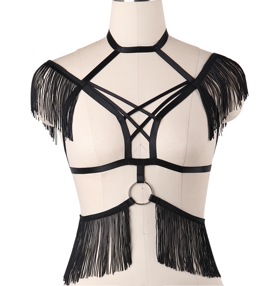 Soutien-gorge harnais burlesque noir à franges