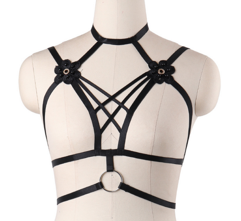 Soutien-gorge harnais burlesque noir à fleurs