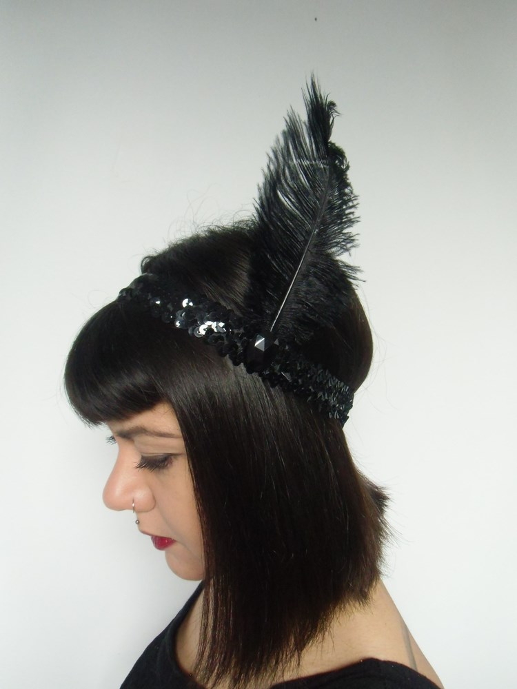 Headband noir rétro élastique en sequin pour pinups