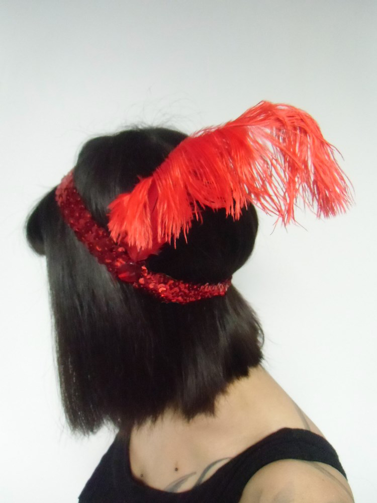 Bandeau Tête Rétro Années 20 - Sequins Noirs, Plumes Autruche, Perles - Charleston