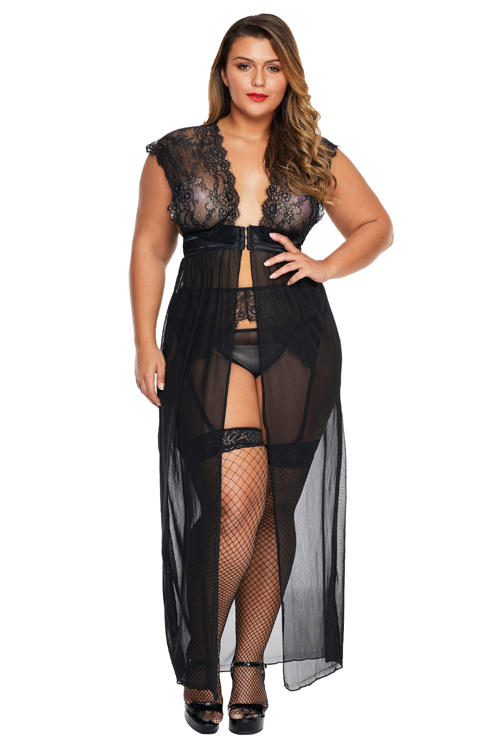 Ensemble nuisette et porte-jarretelles noirs transparents grande taille
