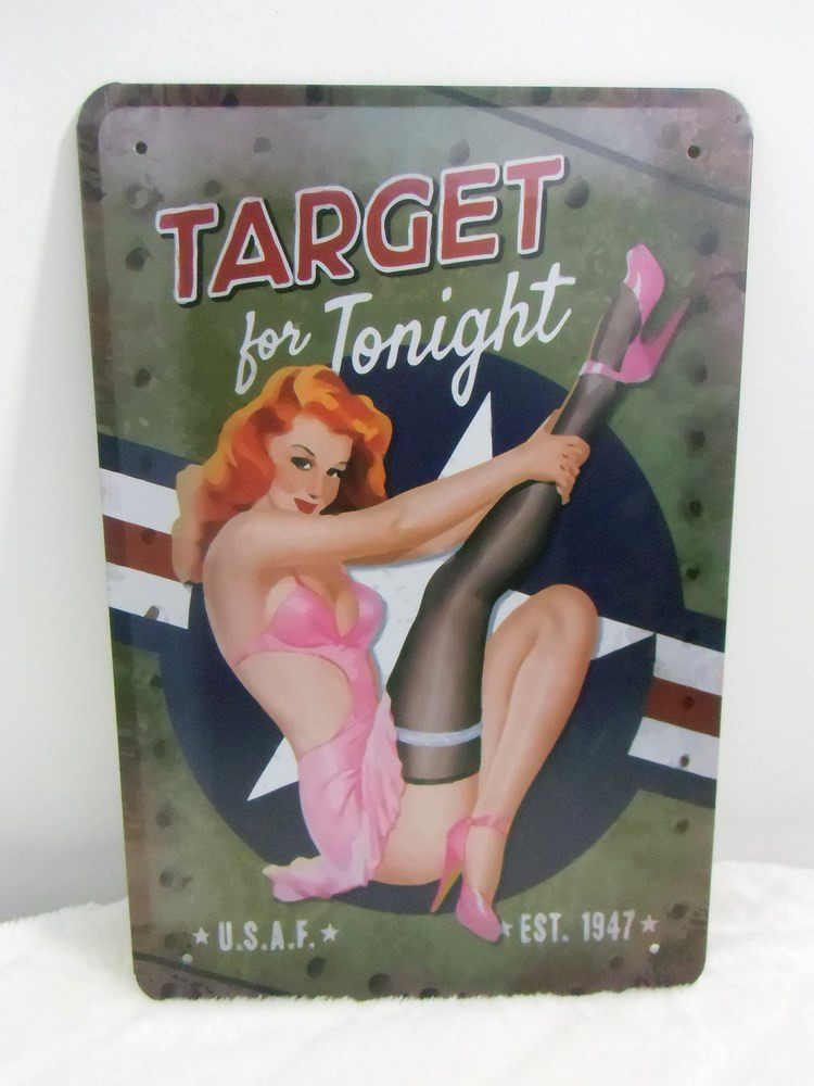 Plaque murale métal rétro pin-up aviation target tonight