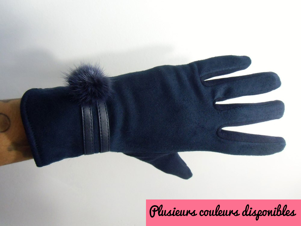 Gants tactiles hiver rétro simili nubuck, pompon et simili cuir