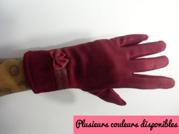 Gants tactiles hiver rétro suédine et tissu noeud simili