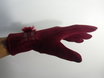 Gants bordeaux tactiles hiver rétro simili nubuck, pompon et simili cuir