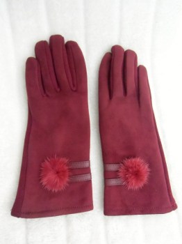 Gants bordeaux tactiles hiver rétro simili nubuck, pompon et simili cuir