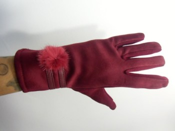 Gants bordeaux tactiles hiver rétro simili nubuck, pompon et simili cuir