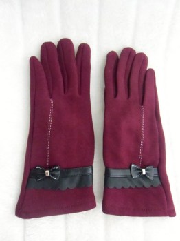 Gants bordeaux tactiles hiver rétro tissu épais noeud simili