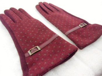 Gants bordeaux hiver rétro en laine à pois finition simili cuir