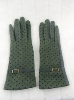 Gants gris vert hiver rétro en laine à pois finition simili cuir