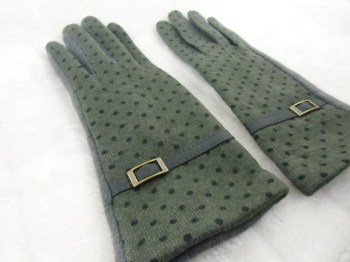 Gants gris vert hiver rétro en laine à pois finition simili cuir