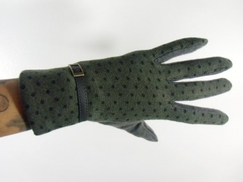 Gants gris vert hiver rétro en laine à pois finition simili cuir