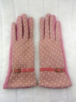 Gants roses hiver rétro en laine à pois finition simili cuir