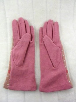 Gants roses hiver rétro en laine à pois finition simili cuir