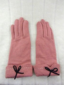 Gants roses hiver rétro en laine unie surpiqure et noeud