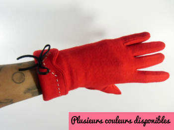 Gants hiver rétro en laine unie surpiqure et noeud