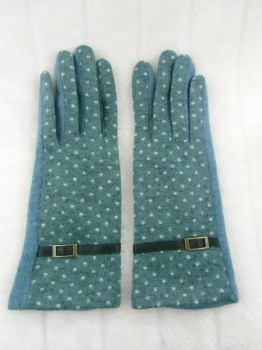 Gants verts hiver rétro en laine à pois finition simili cuir