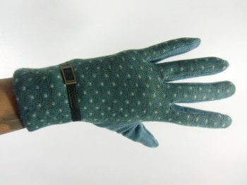 Gants verts hiver rétro en laine à pois finition simili cuir