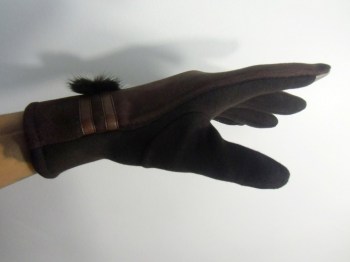 Gants marrons tactiles hiver rétro simili nubuck, pompon et simili cuir