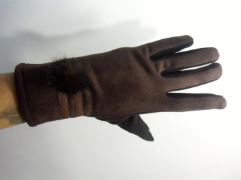 Gants marrons tactiles hiver rétro simili nubuck, pompon et simili cuir