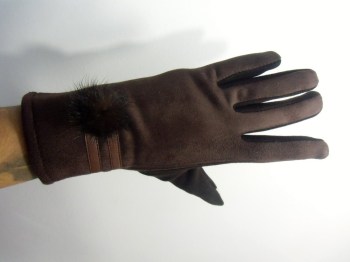 Gants tactiles hiver rétro simili nubuck, pompon et simili cuir