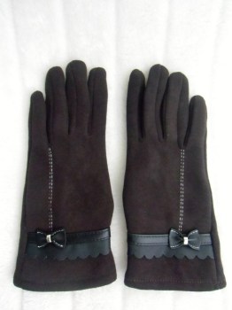 Gants marrons tactiles hiver rétro tissu épais noeud simili