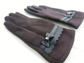 Gants marrons tactiles hiver rétro tissu épais noeud simili