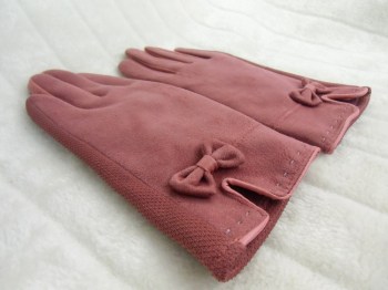 Gants roses tactiles hiver rétro simili nubuck et noeud