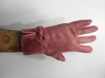 Gants roses tactiles hiver rétro simili nubuck et noeud