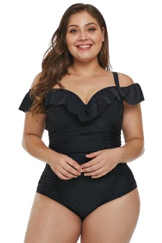 Maillot de bain rétro 1 pièce noir encolure à volants