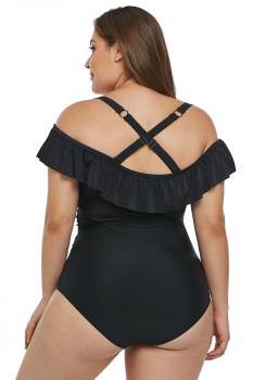 Maillot de bain rétro 1 pièce noir encolure à volants