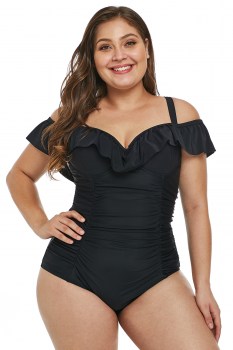 Maillot de bain rétro 1 pièce noir encolure à volants