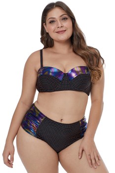 Maillot de bain bikini rétro 2 pièces noir pois rouges