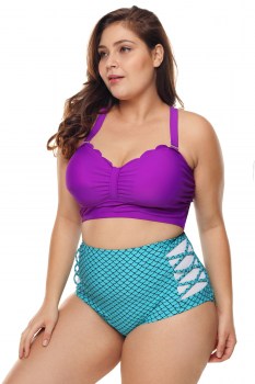 Maillot de bain bikini rétro 2 pièces sirène violet turquoise