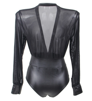 Body manches longues original sexy noir simili-cuir et mesh