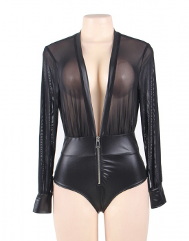 Body manches longues original sexy noir simili-cuir et mesh