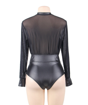 Body manches longues original sexy noir simili-cuir et mesh