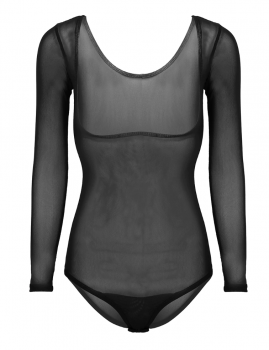 Body coquin seins-nus noir manches longues mesh transparent