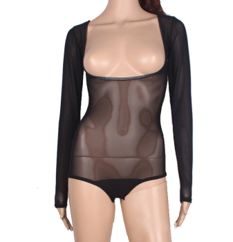 Body coquin seins-nus noir manches longues mesh transparent