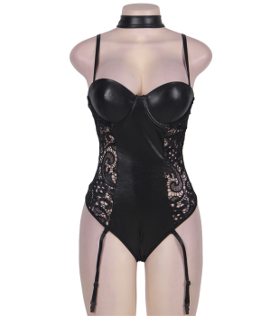 Body original sexy noir simili-cuir et dentelle